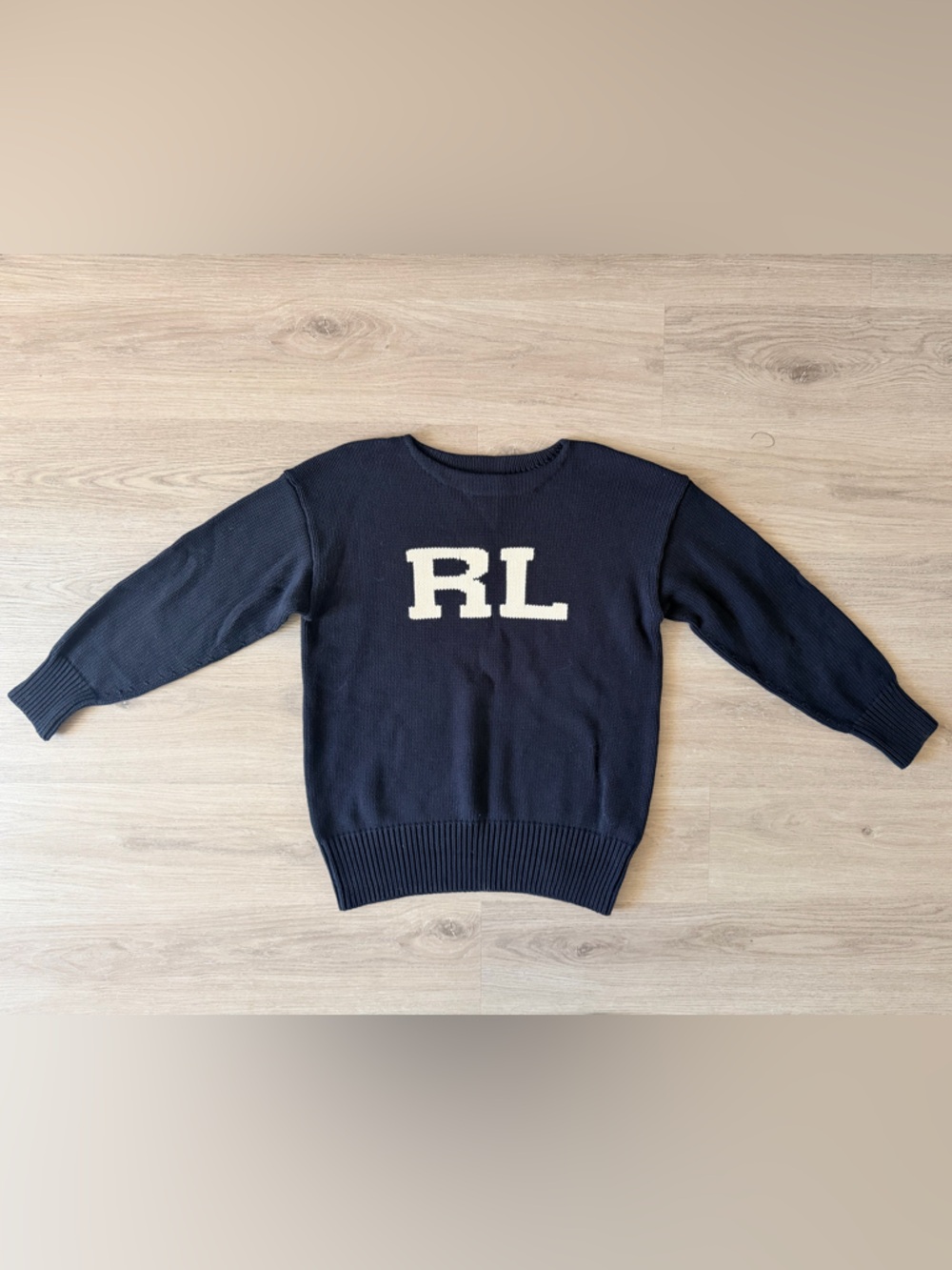 Ralph Lauren Navy Blue Knit Sweater with RL Cream Logo Women’s L